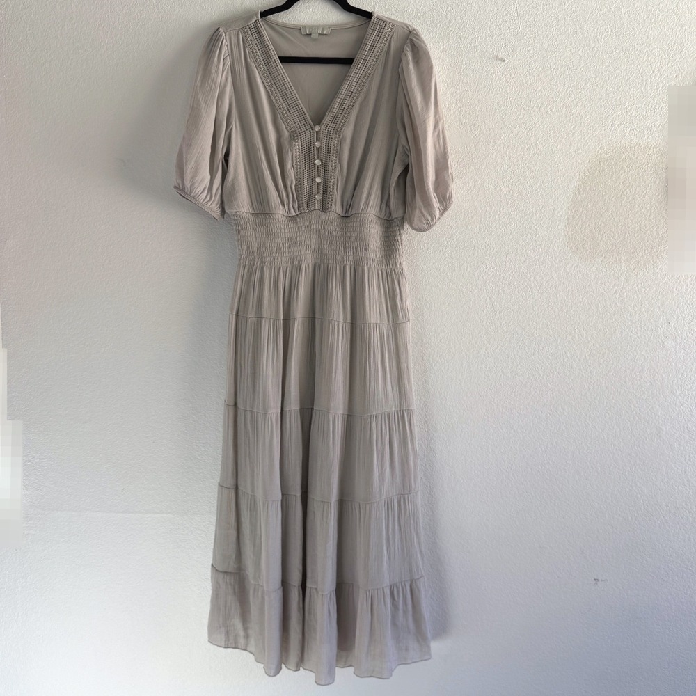 J GEE Women XL Grey Tiered Maxi Dress Smocked Waist Crochet V-Neck Boho